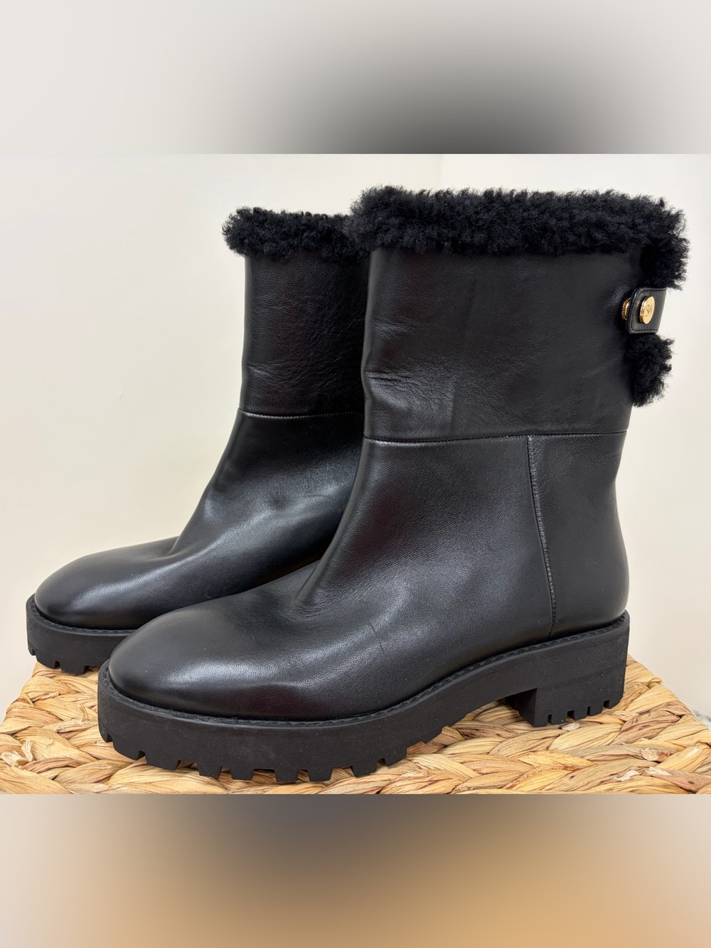 Stuart Weitzman Black Leather Shearling Cuff Lug Ankle Boots